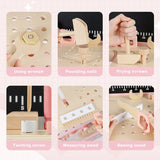 Pink children’s workshop with tabletop tool slots and storage shelf