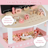 Wooden toy workbench in pink with blackboard and play clock
