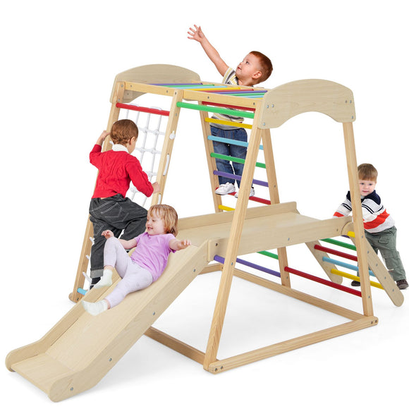 Eco Conscious Wooden 6-in-1 Indoor Jungle Gym | Kids Playground Climber Playset | 12m+ | Multicoloured