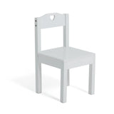 A close up of the childrens chair from this white wooden kids table and chairs set
