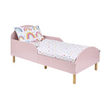 Scandi pink toddler bed with natural pine legs

