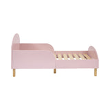 Low-to-floor Montessori-style toddler bed in pink and natural

