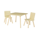 Childrens Light scandi wood table with two matching chairs on a white background