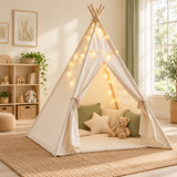 White cotton canvas kids teepee tent with star lights in a neutral Little Helper playroom