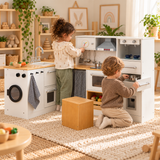 little girl and boy practising tidying away with their deluxe wooden toy kitchen