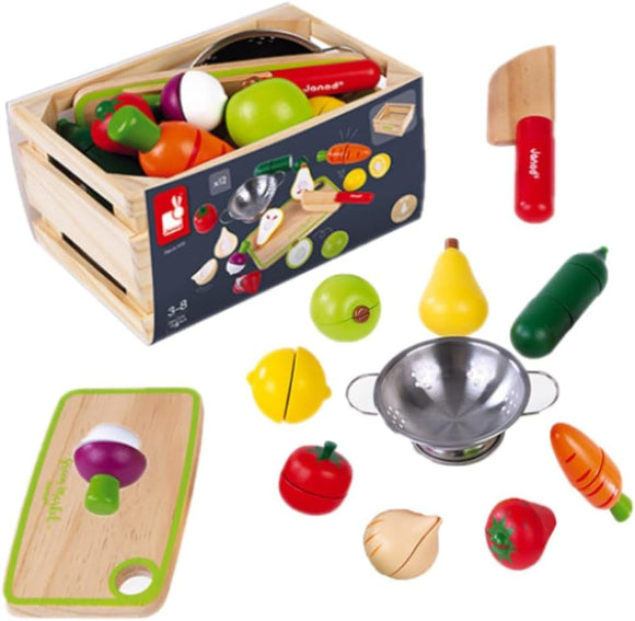 100% Eco Deluxe Kids Montessori Fruit Veg Play Food Set | Mini Colander | Kiddy Knife | Chopping Board & Crate