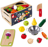 100% øko deluxe børne montessori frugt grønt lege madsæt | mini dørslag | kiddy kniv | skærebræt og kasse