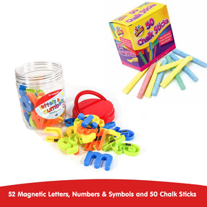 3-in-1 FunPod Activity Pack | 52 pc Magnetic Letters & Numbers | 50pc Multi coloured Chalks
