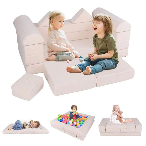 9 Piece Montessori Modular Soft Play Set | Foam Blocks | Sofa Chair | Ballpit | Beige