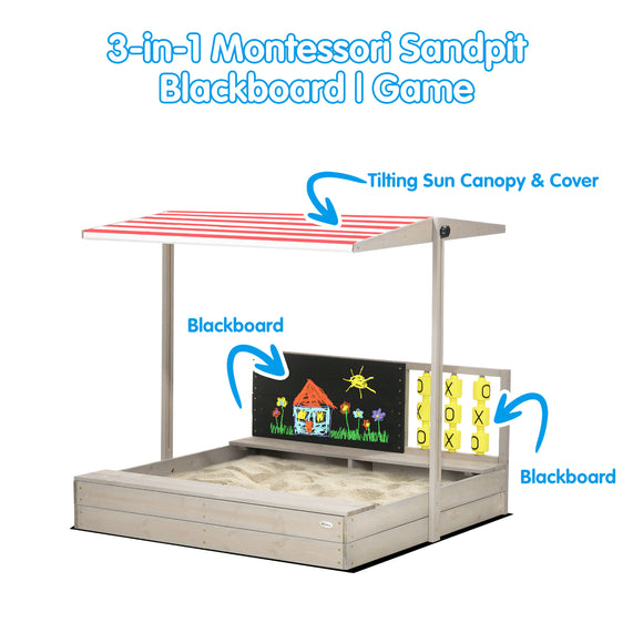 3-in-1 Montessori Eco Natural Fir Wood Sandpit | Blackboard | Game with Sun Canopy & Cover | 3-8 Years