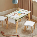 Montessori Kids Table & 2 Chairs | Modern Art Table with Storage Shelves & Paper Roll Holder | Green & White