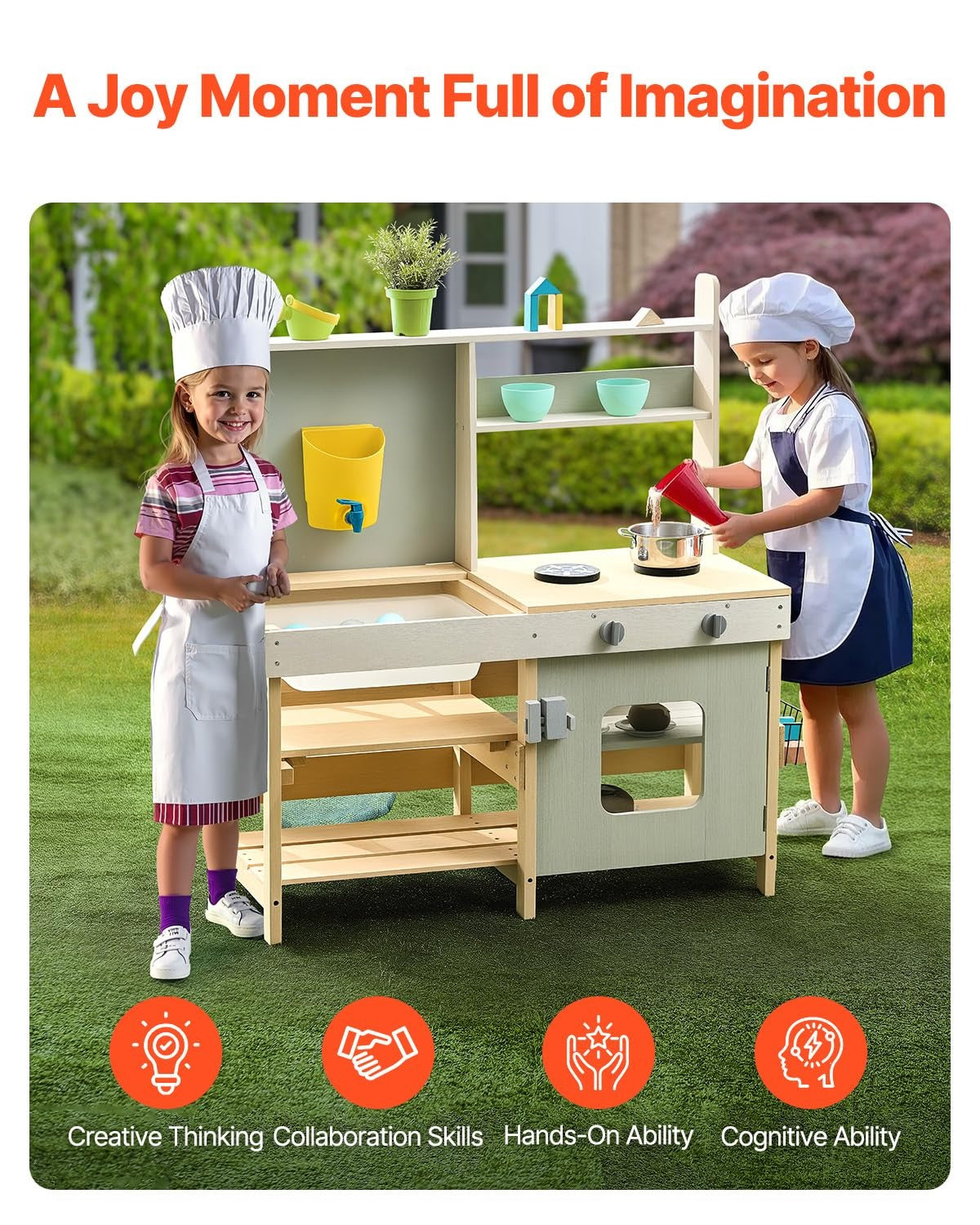 Cucina giocattolo per bambini in legno con lavatrice piano cottura, Set giochi cucina realistica Bianco