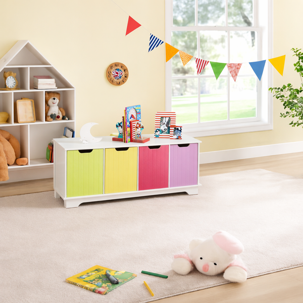 spielsachen aufbewahrung wohnzimmer Große weiße Kinderspielzeug-Aufbewahrungseinheit | Bank mit 4 Boxen