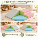 Four soft play shapes arranged as a toddler climbing course