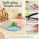 Close-up of zipped PU covers and connecting fastenings on foam play blocks