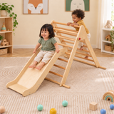 3-in-1 Folding Wooden Pikler Triangle & Double-Sided Ramp | Rainbow Toddler Climbing Set