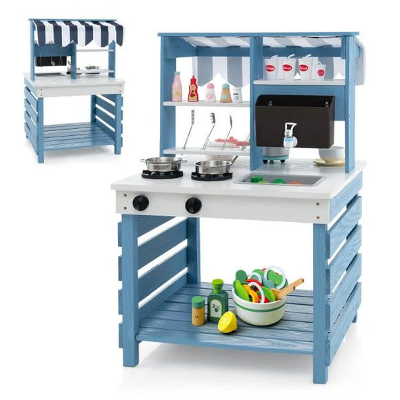 Montessori Eco 2-in -1 Kids Natural Fir Wood Mud Kitchen & Shop | Working Tap & Sink | 3 Years+
