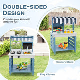 Double sided design for twice the fun, this mud kitchen is also a shop!