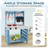 This montessori mud kitchen Includes a working tap and sink, stove top, storage space and comes with metal pots pans and utensils