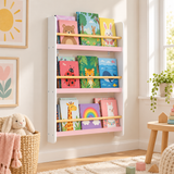 Kids Picture Book Wall Bookshelf |  3-Shelf Children’s Bookcase | White & Pink