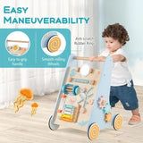 Blue wooden baby walker with ocean-themed activity board and spiral-patterned wheels.
