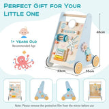 Side view of the pale blue baby walker showing shape-sorting openings.
