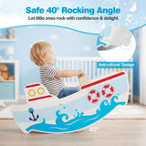 Child sitting on a boat-shaped rocking toy with safety features highlighted.