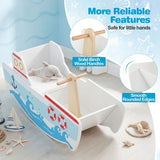 Wooden rocking boat toy with safety features highlighted on a light blue background