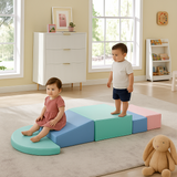 Montessori-inspired pastel soft play block set including a step, slide, square, triangle and block