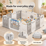 Grey and white baby playpen showing hinge connectors, interlocking grooves and anti-slip pads