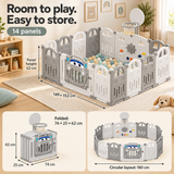 Folding baby playpen dimensions showing rectangular layout, circular configuration and compact storage