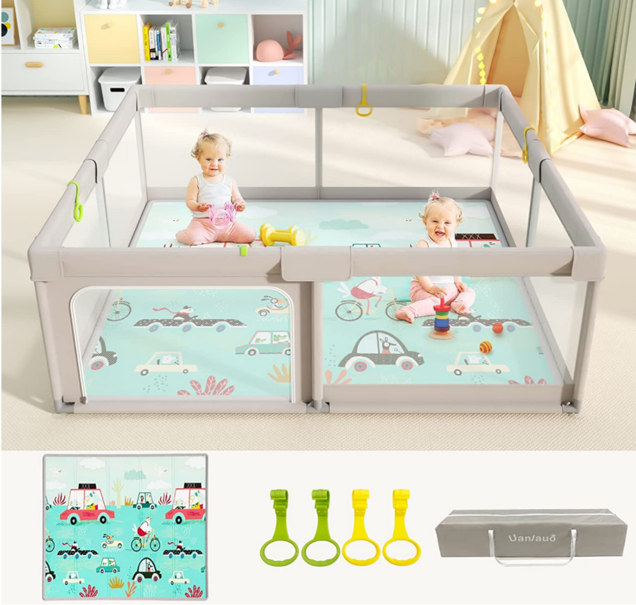 XL Baby Playpen Grip Handles Bag Play Mat Grey 1.5 x 1.5