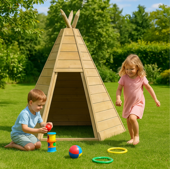 Wooden Montessori teepee playhouse for children in garden