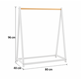 Montessori white wooden clothes rail for toddlers with labelled dimensions in cm