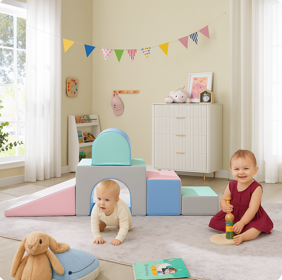 Montessori Soft Play Climbing Set | 5 Pieces in Pastel with Tunnel & Steps
