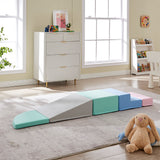 Montessori pastel soft play blocks in reconfigurable climbing layout – 5-piece set with steps and slide