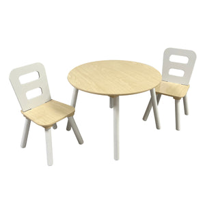 Mesa infantil Montessori moderna de madeira branca e natural e 2 cadeiras