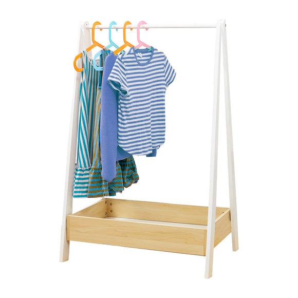 Montessori Wooden Childrens Dressing up Rail with Storage | White & Natural | 98cm High
