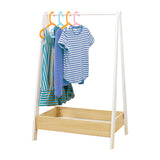 Rail d'habillage en bois Montessori pour enfants avec rangement | Blanc et naturel | 98 cm de haut