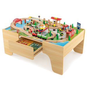 Deluxe Suuri Montessori 2-in-1 puinen junasarja & pöytä | 84 kpl junasarja
