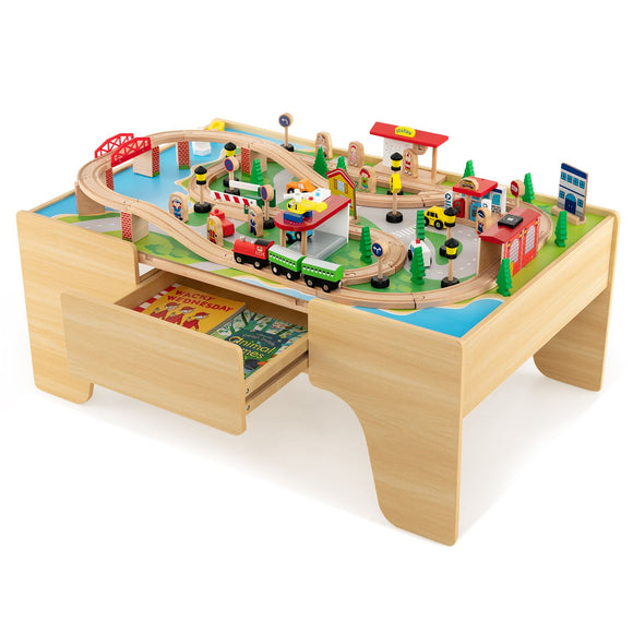 Deluxe Large Montessori 2-in-1 Wooden Train Set & Table | 84pc Train Set