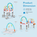 Baby activity center with dimensions and product details on a light blue background