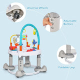 Baby activity center with universal wheels, adjustable buttons, and foldable legs on a light blue background.