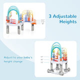 Adjustable baby activity walker shown in two height views with text reading '3 Adjustable Heights' and 'Adjust to your baby's height change