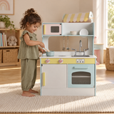 Pastel Toy wooden play kitchen with oven, microwave, hob and sink