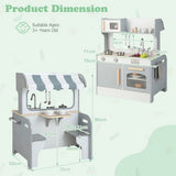 Children's play kitchen set with dimensions labeled on a light green background
