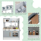 Grey wooden play kitchen with microwave, oven, sink and cookware. with realistic features and sounds