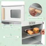 Grey wooden play kitchen with microwave, oven, sink and cookware.