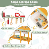 Toy construction workshop with blackboard, tools and pull-out baskets