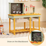 Children’s wooden workbench showing tool rack and lower storage shelf